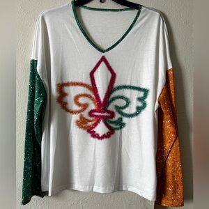 SHEIN V-Neck White Tee with Green and Orange Sleeves